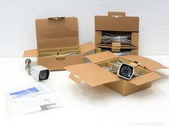 Used Samsung security camera set with cables and manual for easy installation and reliable monitoring.