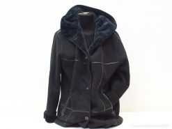 Chic black coat with oversized hood and plush lining, perfect for stylish winter wear.