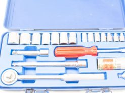 Versatile blue tool set with chrome sockets, ratchet, and ergonomic screwdriver for professionals and DIYers.