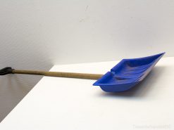 Durable blue snow shovel with wooden handle, perfect for efficient snow removal and outdoor tasks.