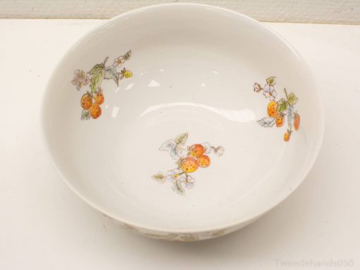 Elegant white porcelain bowl with vibrant hand-painted fruit designs for serving or decoration.