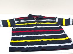 Vibrant navy polo shirt with bold yellow, red, and white stripes for stylish comfort.