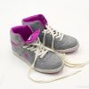 Stylish gray high-top sneakers with vibrant purple accents for a trendy, comfortable look.