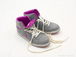 Stylish gray high-top sneakers with vibrant purple accents for a trendy, comfortable look.