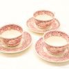 Elegant vintage teacups with intricate red floral patterns, perfect for stylish tea gatherings.