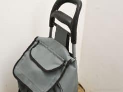 Stylish gray trolley backpack with spacious interior and ergonomic design for easy travel.