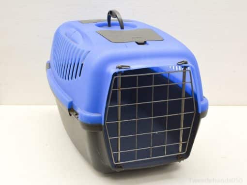 Stylish blue and black pet carrier for safe transport of small dogs and cats.