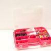 Vibrant pink bead organizer with compartments for colorful beads and crafting supplies for jewelry making.