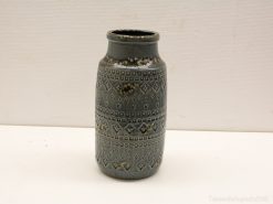 Elegant gray-blue ceramic vase with geometric patterns, perfect for decor and floral arrangements.