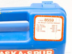 Blue storage box for automotive tools, durable design for tire repair and maintenance.