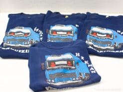 Navy blue Mercedes-Benz truck T-shirts with vibrant graphic design, perfect for automotive enthusiasts.