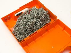 Bright orange vintage toolbox holding shiny metal chains, perfect for organization and practical use.