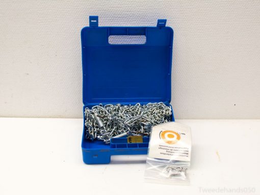 Blue toolbox with metal chain and padlock for secure storage and practical use.