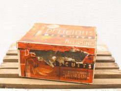 Authentic vintage Meursing biscuit box in orange, perfect for collectors and nostalgia enthusiasts.