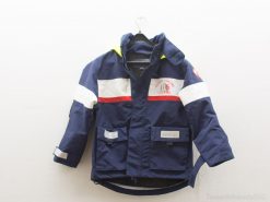 Colorful childrens winter jacket with safety features and reflective details for outdoor play.