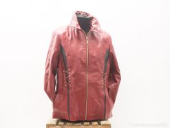 Stylish red leather jacket with black accents and lace-up details for a modern look.