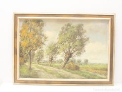 Tranquil pastoral landscape painting featuring trees and a winding path, perfect for serene decor.