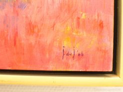 Vibrant abstract painting in soft pink with yellow and blue accents by j.de.job.