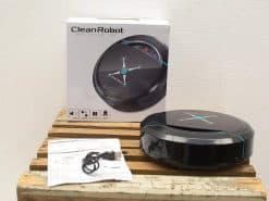 Efficient CleanRobot vacuum with sleek design, USB charger, and user manual for easy cleaning.