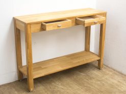 Contemporary wooden console table with drawers and open shelf for stylish storage and display.