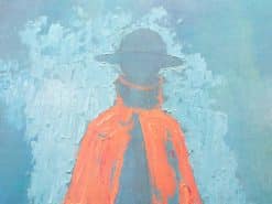 Mysterious figure in orange cloak against a serene blue background, evoking isolation and identity.