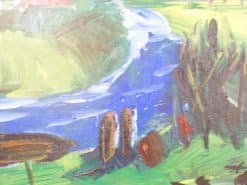 Tranquil riverbank landscape painting with vibrant colors and expressive brushwork. Perfect for any decor.