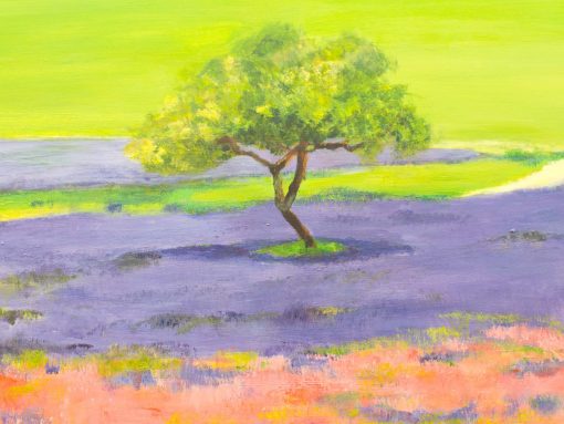 Serene landscape with a vibrant tree and blooming lavender fields by Janneke de Jong.