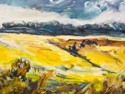 Vibrant landscape painting featuring a bright yellow field and a dramatic stormy sky.