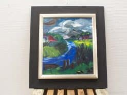 Vibrant rural landscape painting featuring a winding river and charming cottage, perfect for any decor.