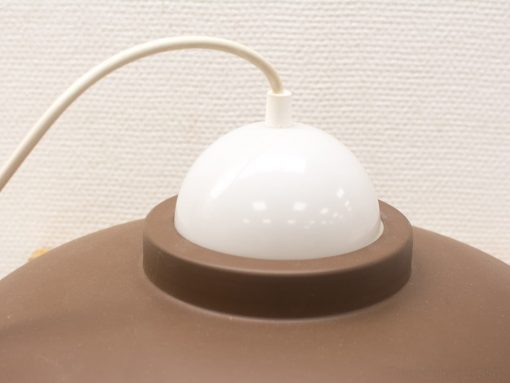 Stylish modern lamp with a white dome and matte brown base, blending retro and contemporary design.