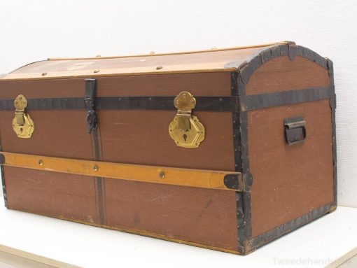 Antique vintage trunk with leather finish and brass locks, perfect for storage or decor.