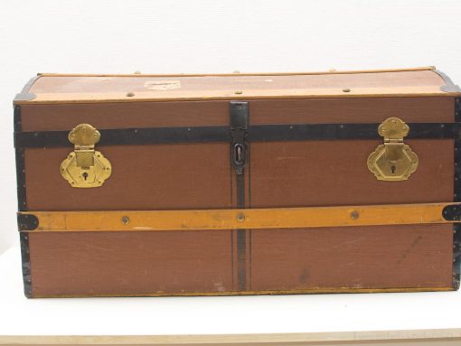 Vintage brown trunk with leather accents and brass clasps, perfect for storage or decor.