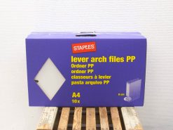 Staples Purple A4 Lever Arch Files 10-Pack for stylish and organized document storage.