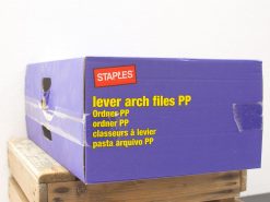 Staples purple lever arch files for A4 documents, stylish and durable for organized storage.