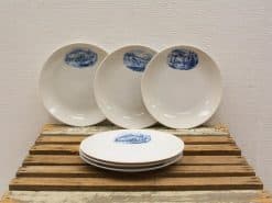 Elegant vintage ceramic plates with blue illustrations, perfect for rustic table settings.