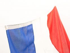 Vibrant French flag fabric in blue, white, and red, perfect for national celebrations and decor.