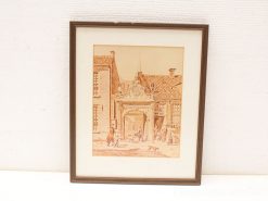 Historic European courtyard artwork with detailed architecture and lively figures in vintage attire.