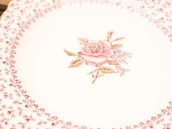 Vintage porcelain plate featuring a detailed pink rose design and elegant border decor.