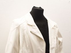 Stylish white womens jacket with asymmetrical design, perfect for any occasion.