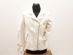 Stylish white faux leather biker jacket with asymmetrical zipper and tailored silhouette, size 44.