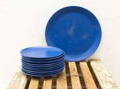 Vibrant blue plate set on rustic wood, perfect for stylish dining experiences.