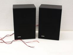 Sleek black compact speakers with minimalist design, perfect for modern audio setups.