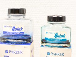 Parker Quink ink bottles: Royal Blue washable and Permanent Turquoise long-lasting ink.