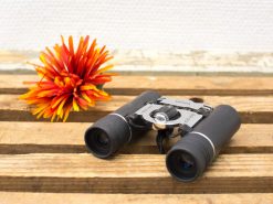 Vintage binoculars with a vibrant artificial flower, perfect for outdoor adventures and home decor.