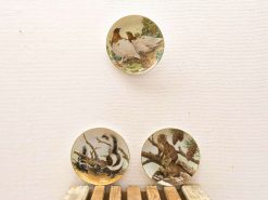 Charming vintage wildlife plates featuring serene birds, playful skunks, and kittens in nature.