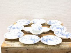 Elegant blue-and-white porcelain dish set with intricate floral patterns for dining or decor.