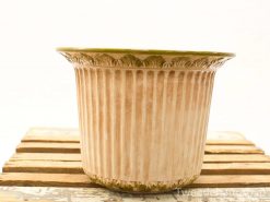 Elegant ribbed planter pot with green leaf border, perfect for enhancing any interior décor.