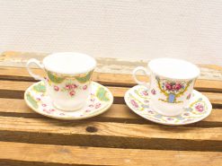 Elegant vintage teacup and saucer set featuring intricate floral designs and gold accents.