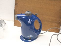 Compact blue Montiss garment steamer for quick wrinkle removal and easy handling.