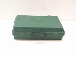 Durable green tool case with handle, ideal for storage and transport of various tools.